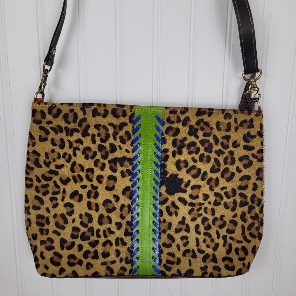 FOLKLORE COUTURE NWT Leopard Furry w/Lime and Blue Stripe Shoulder Bag